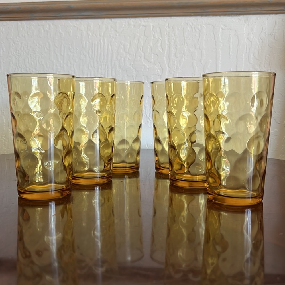 Hazel Atlas Amber “El Dorado” Dot Mid-century Glasses Set of 6